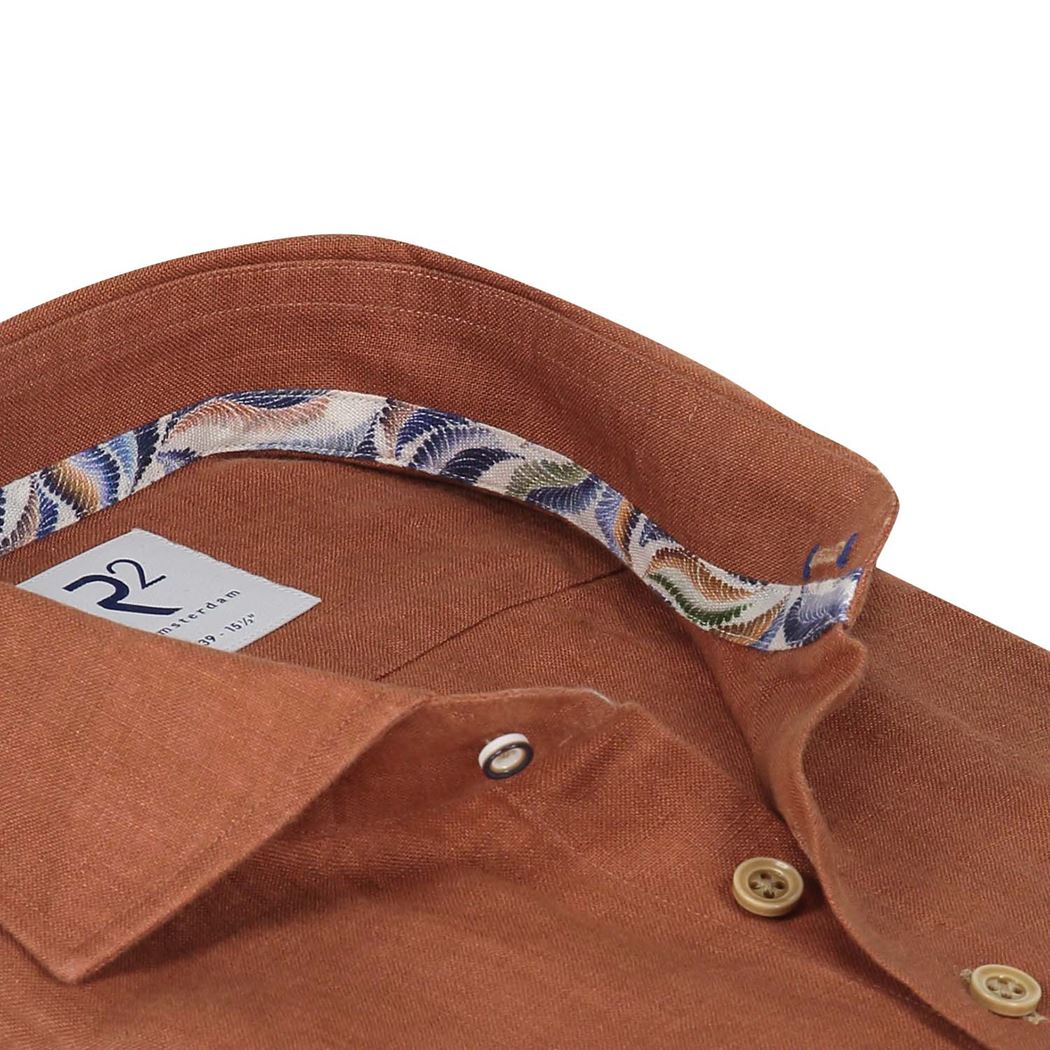 Brand Partner,R2 Amsterdam, R2 Amsterdam Dark Orange Linen Long Sleeve Button Up Shirt, Orange, Extra Extra Large-54-TagXXL