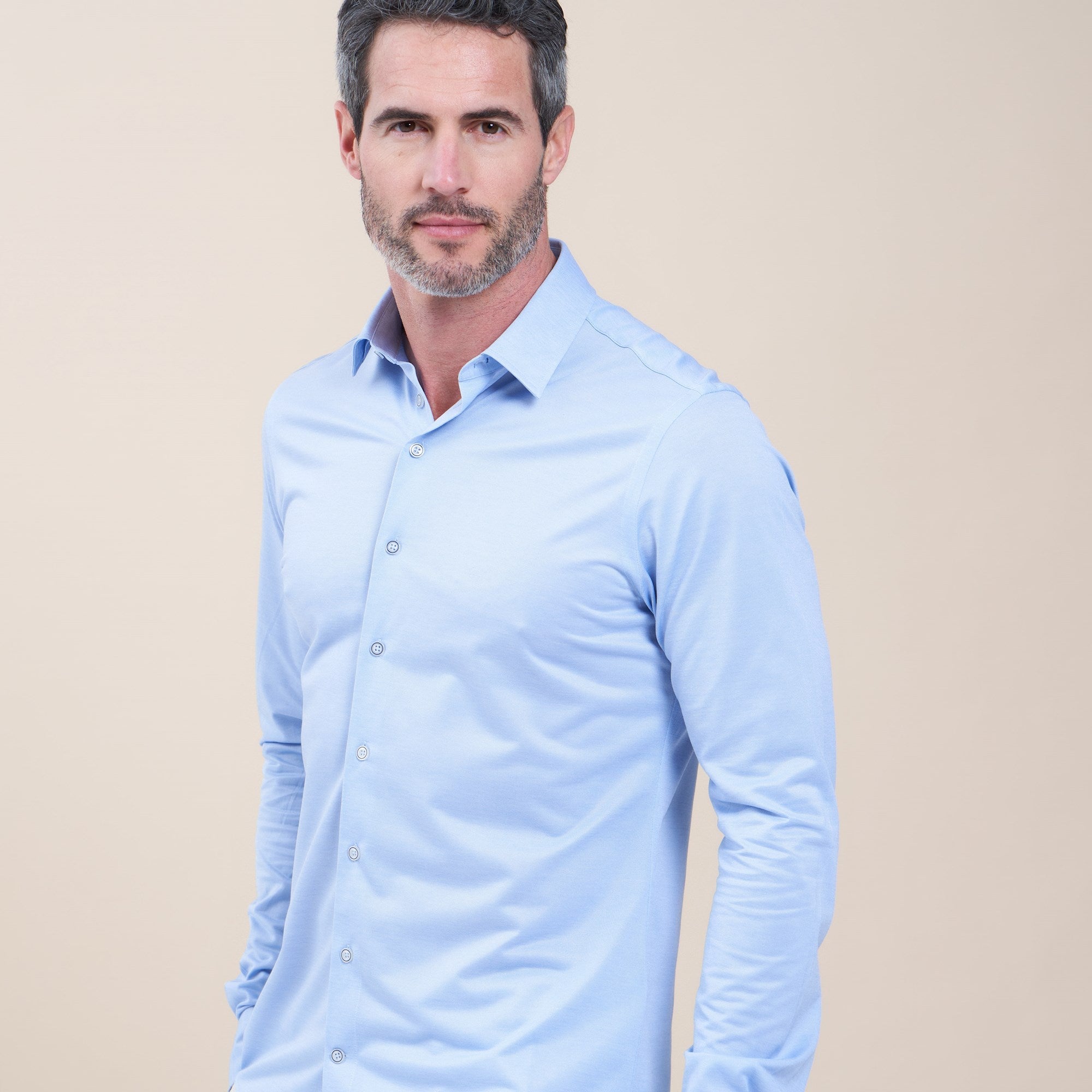 Brand Partner,R2 Amsterdam, R2 Amsterdam Light Blue Cotton Poly Knit Long Sleeve Button Up Shirt, Blue, Extra Extra Large-56-TagXXL