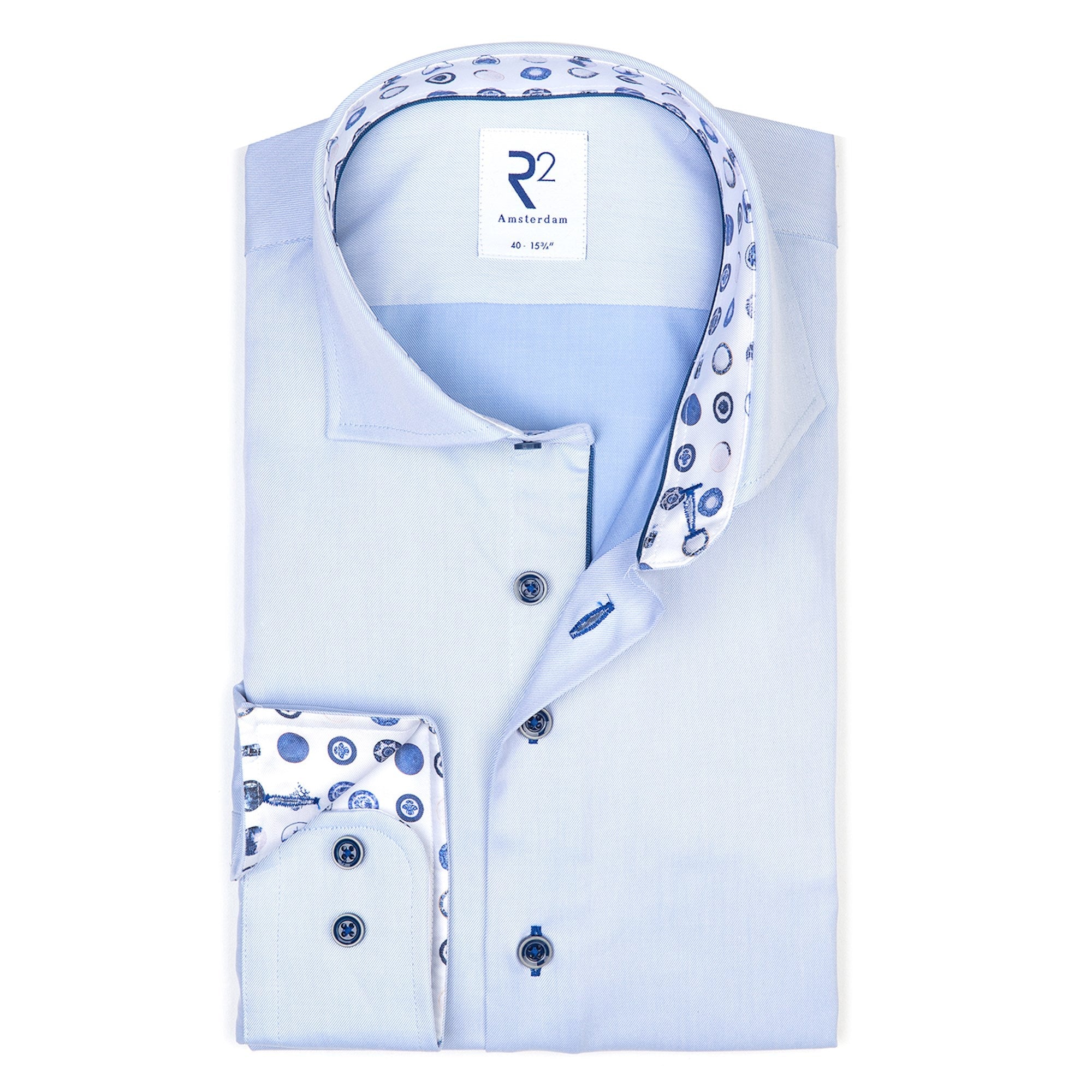 Brand Partner,R2 Amsterdam, R2 Amsterdam Light Blue Long Sleeve Button Up Shirt With Dotted Collar And Cuff Detail, Blue, Medium-43-TagM