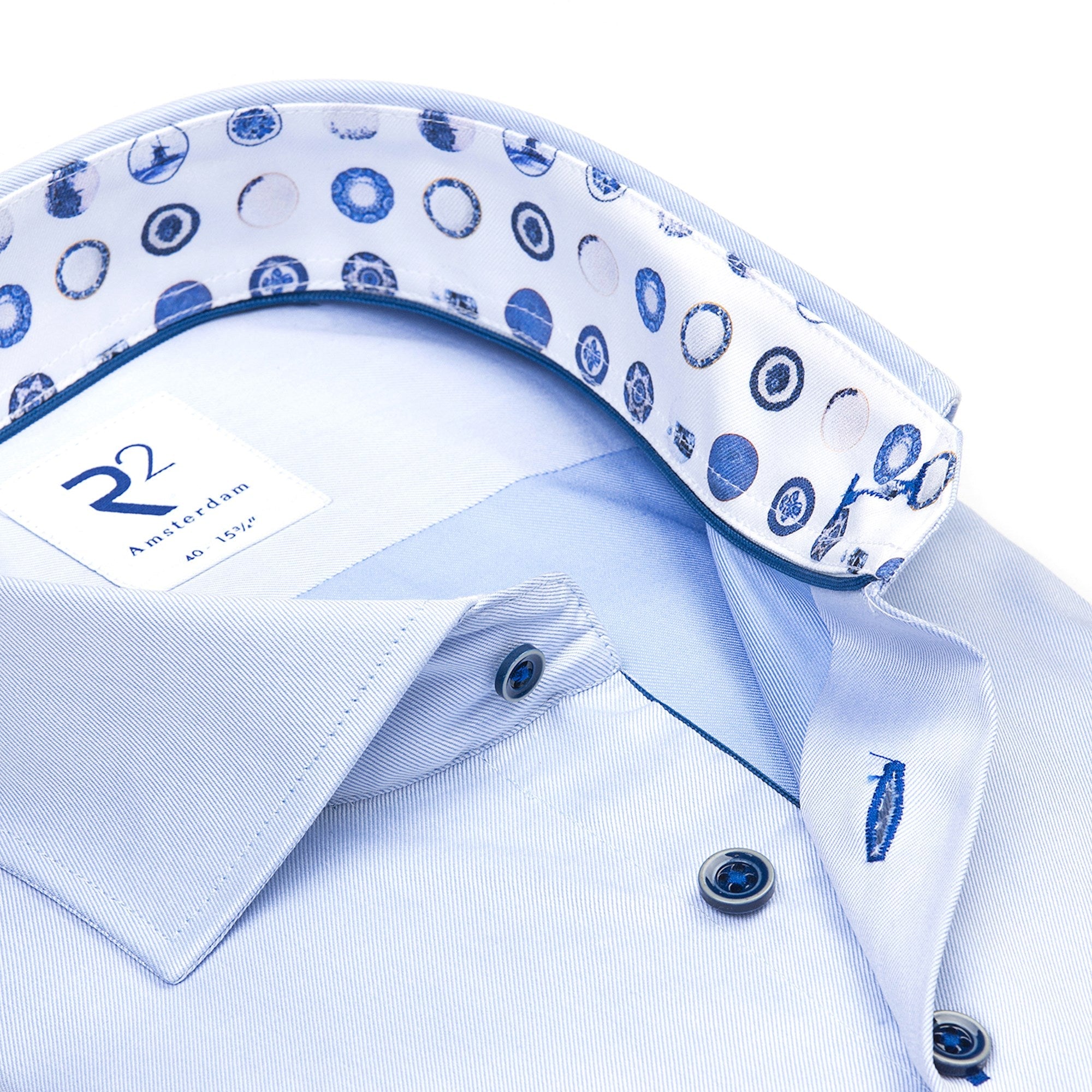Brand Partner,R2 Amsterdam, R2 Amsterdam Light Blue Long Sleeve Button Up Shirt With Dotted Collar And Cuff Detail, Blue, Medium-43-TagM