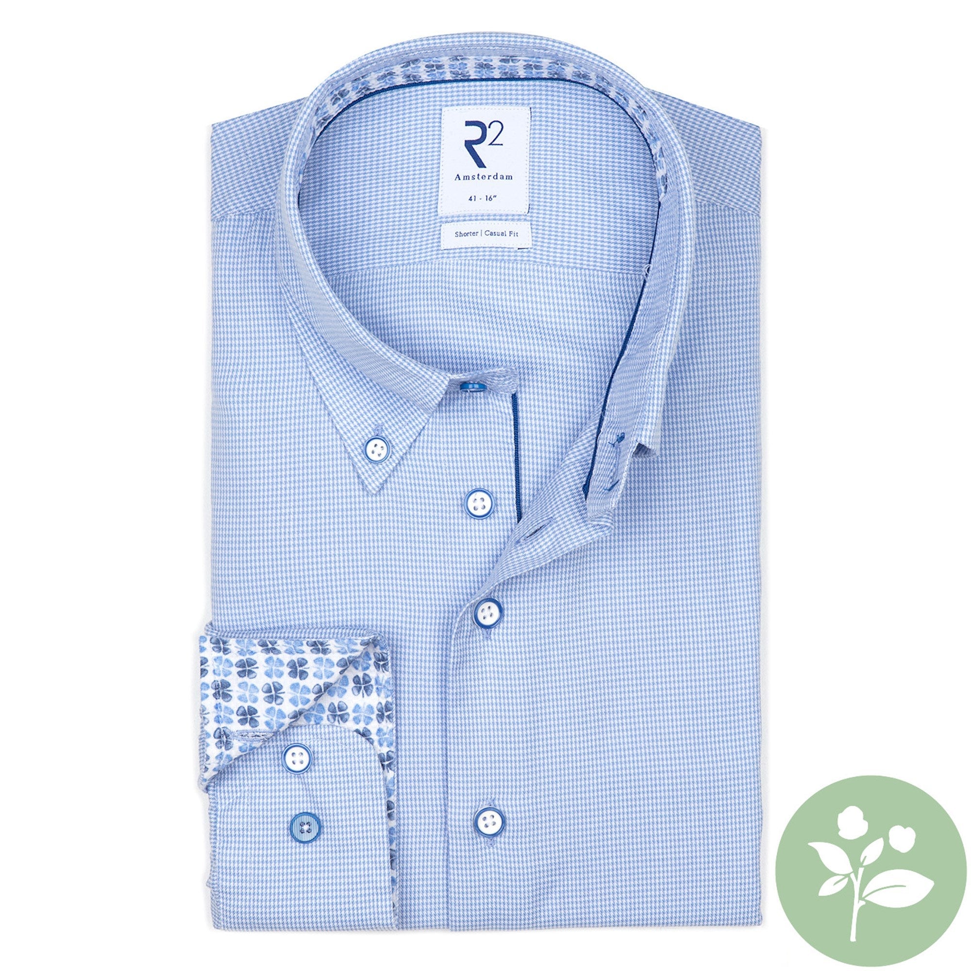 Brand Partner,R2 Amsterdam, R2 Amsterdam Light Blue Micro Houndstooth Print Long Sleeve Button Up Shirt, Blue, Large-46-Tag41