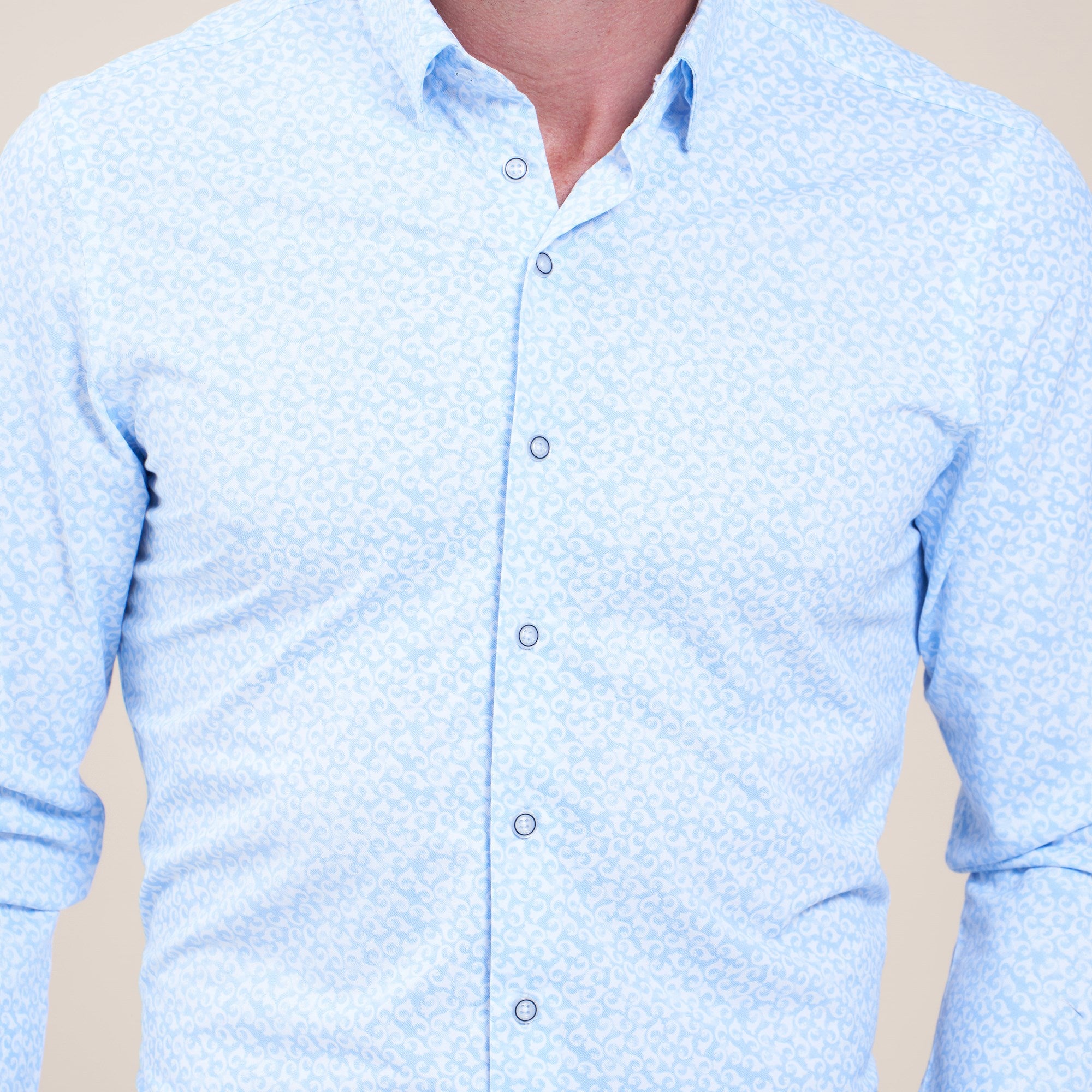 Brand Partner,R2 Amsterdam, R2 Amsterdam Light Blue With White Abstract Swirl Print Long Sleeve Button Up Shirt, Blue, Large-46-Tag42