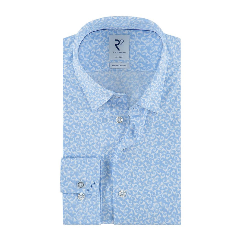 R2 Amsterdam Light Blue With White Abstract Swirl Print Long Sleeve Button Up Shirt