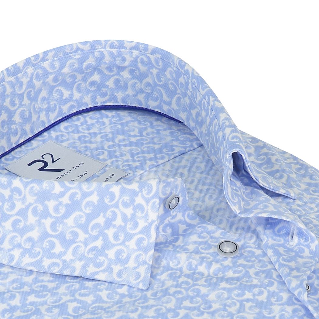 Brand Partner,R2 Amsterdam, R2 Amsterdam Light Blue With White Abstract Swirl Print Long Sleeve Button Up Shirt, Blue, Large-46-Tag42