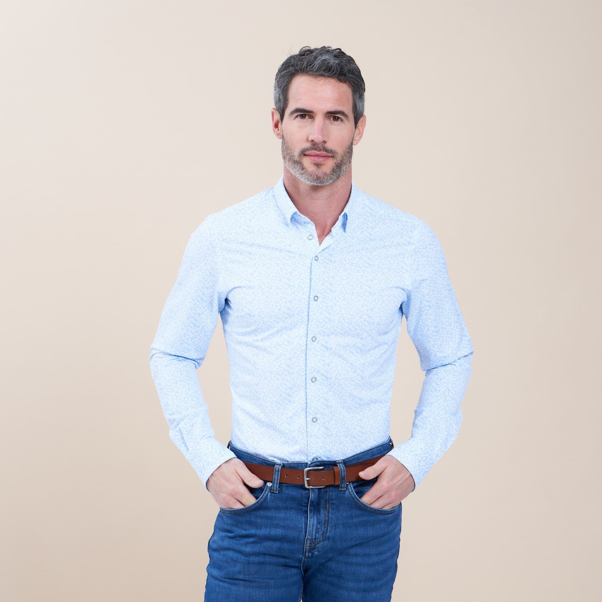 Brand Partner,R2 Amsterdam, R2 Amsterdam Light Blue With White Abstract Swirl Print Long Sleeve Button Up Shirt, Blue, Large-46-Tag42Extra Extra Large-50-Tag45