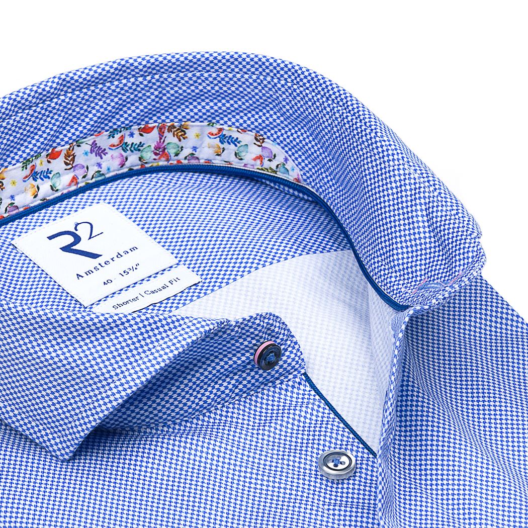 Brand Partner,R2 Amsterdam, R2 Amsterdam Mid Blue Micro Houndstooth Print Long Sleeve Button Up Shirt, Blue, Medium-43-TagM