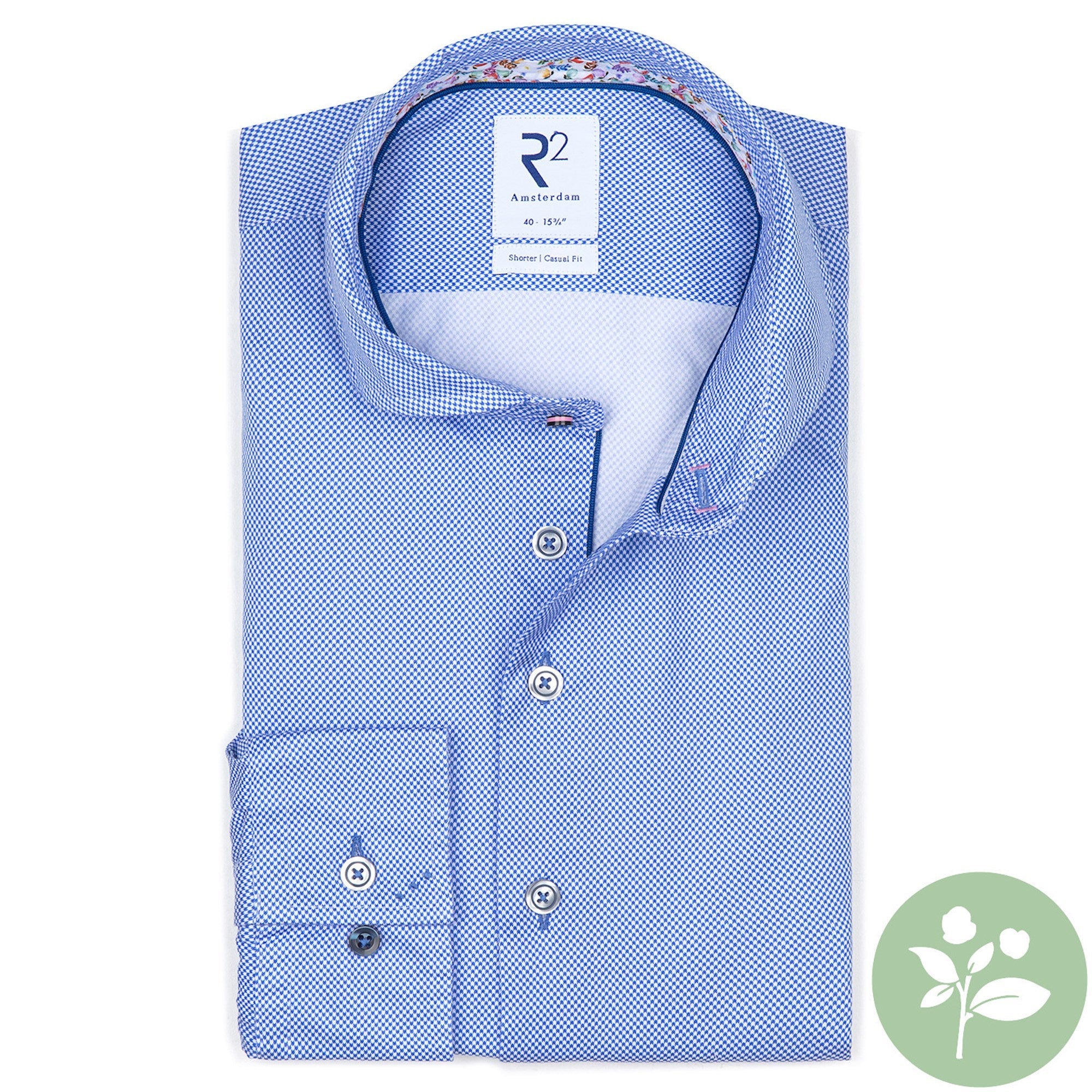 Brand Partner,R2 Amsterdam, R2 Amsterdam Mid Blue Micro Houndstooth Print Long Sleeve Button Up Shirt, Blue, Medium-43-TagM