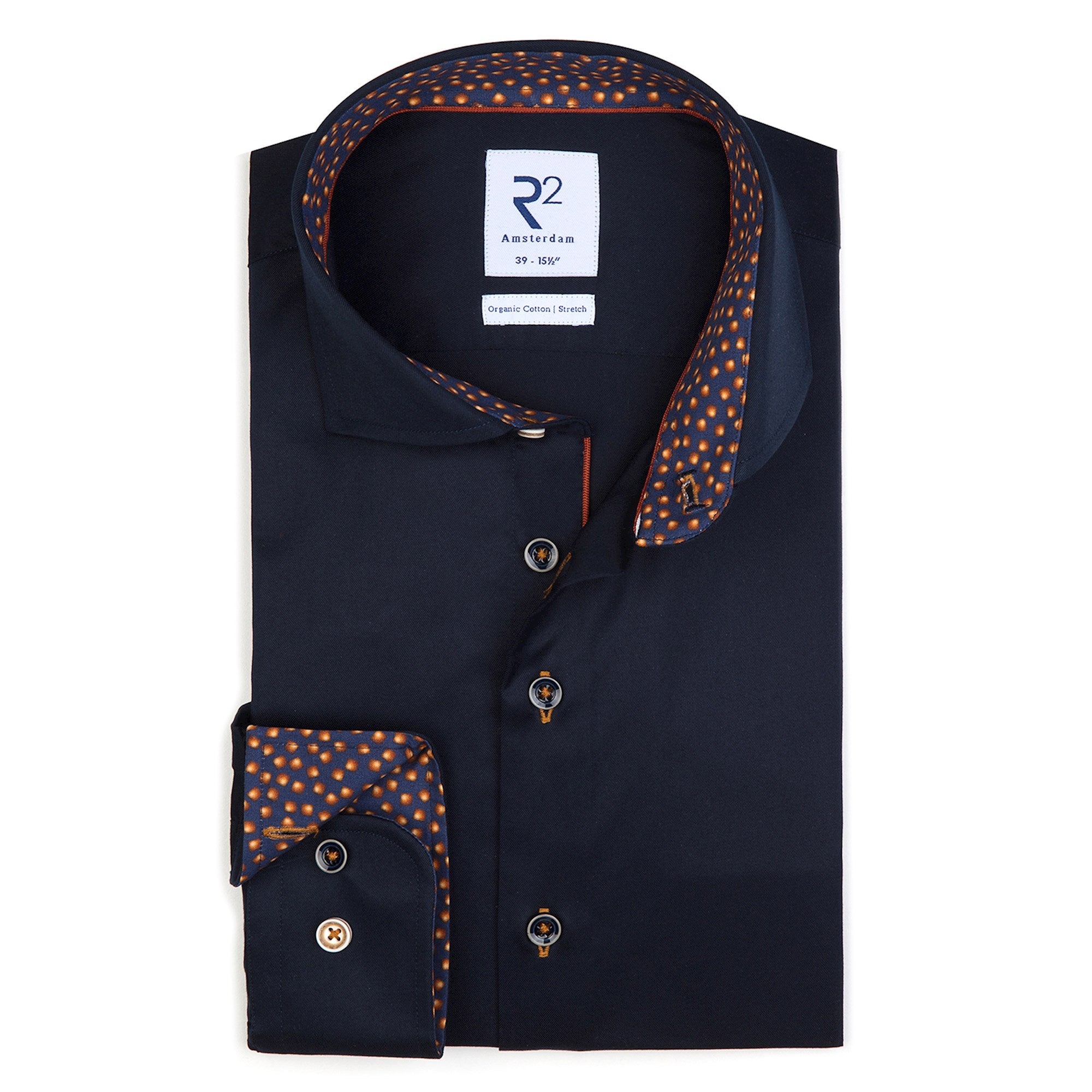 Brand Partner,R2 Amsterdam, R2 Amsterdam Navy Long Sleeve Button Up Shirt With Dotted Collar And Cuff Detail, Blue, Extra Extra Large-52-TagXXL