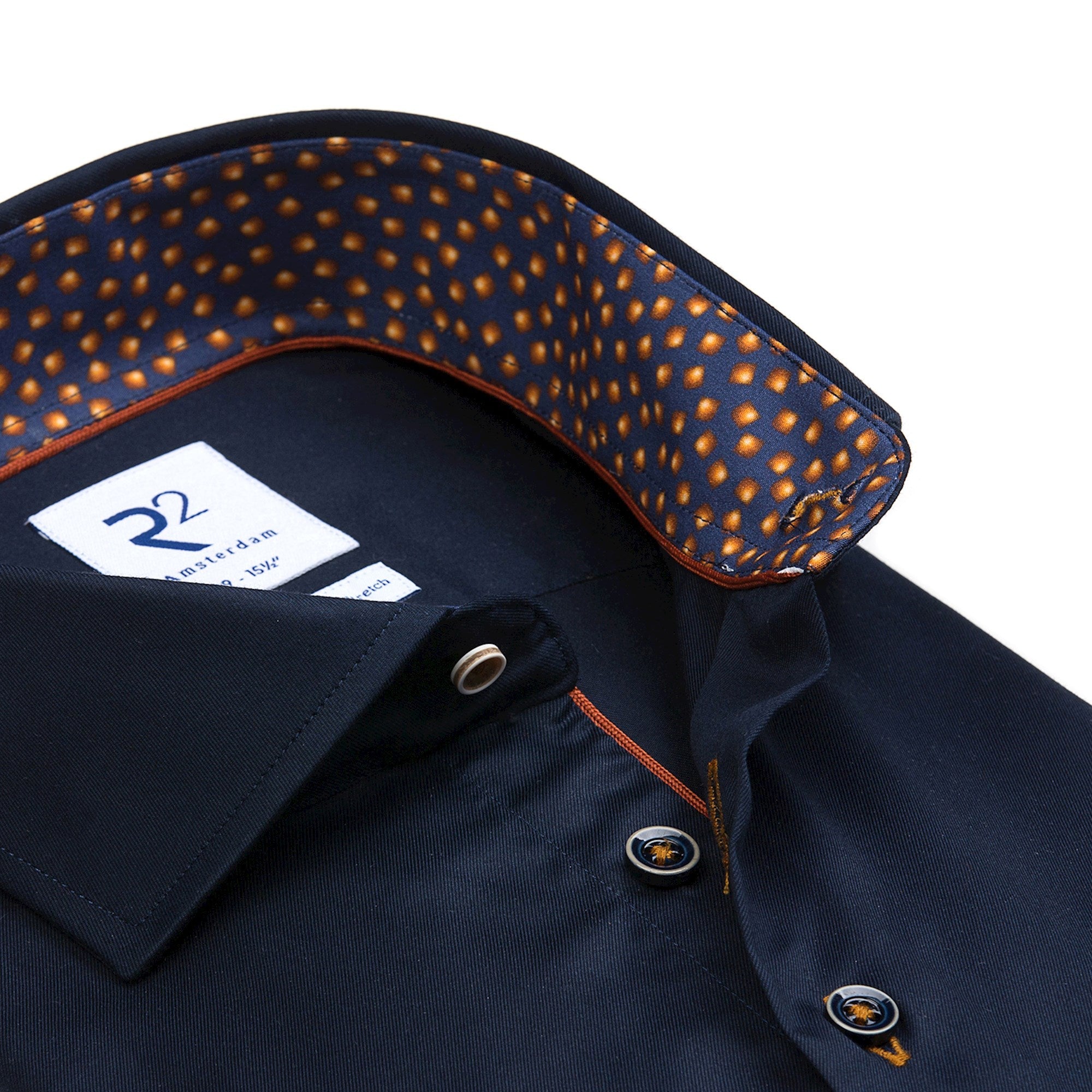 Brand Partner,R2 Amsterdam, R2 Amsterdam Navy Long Sleeve Button Up Shirt With Dotted Collar And Cuff Detail, Blue, Extra Extra Large-52-TagXXL