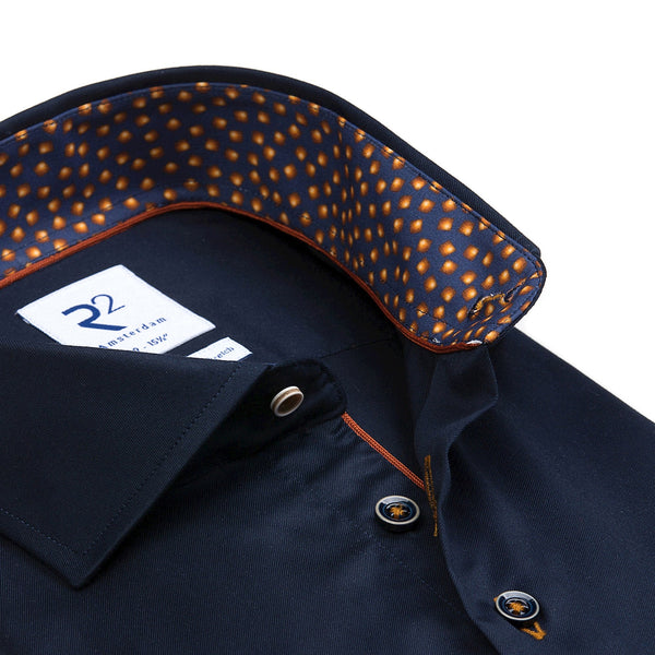 R2 Amsterdam Navy Long Sleeve Button Up Shirt With Dotted Collar And Cuff Detail