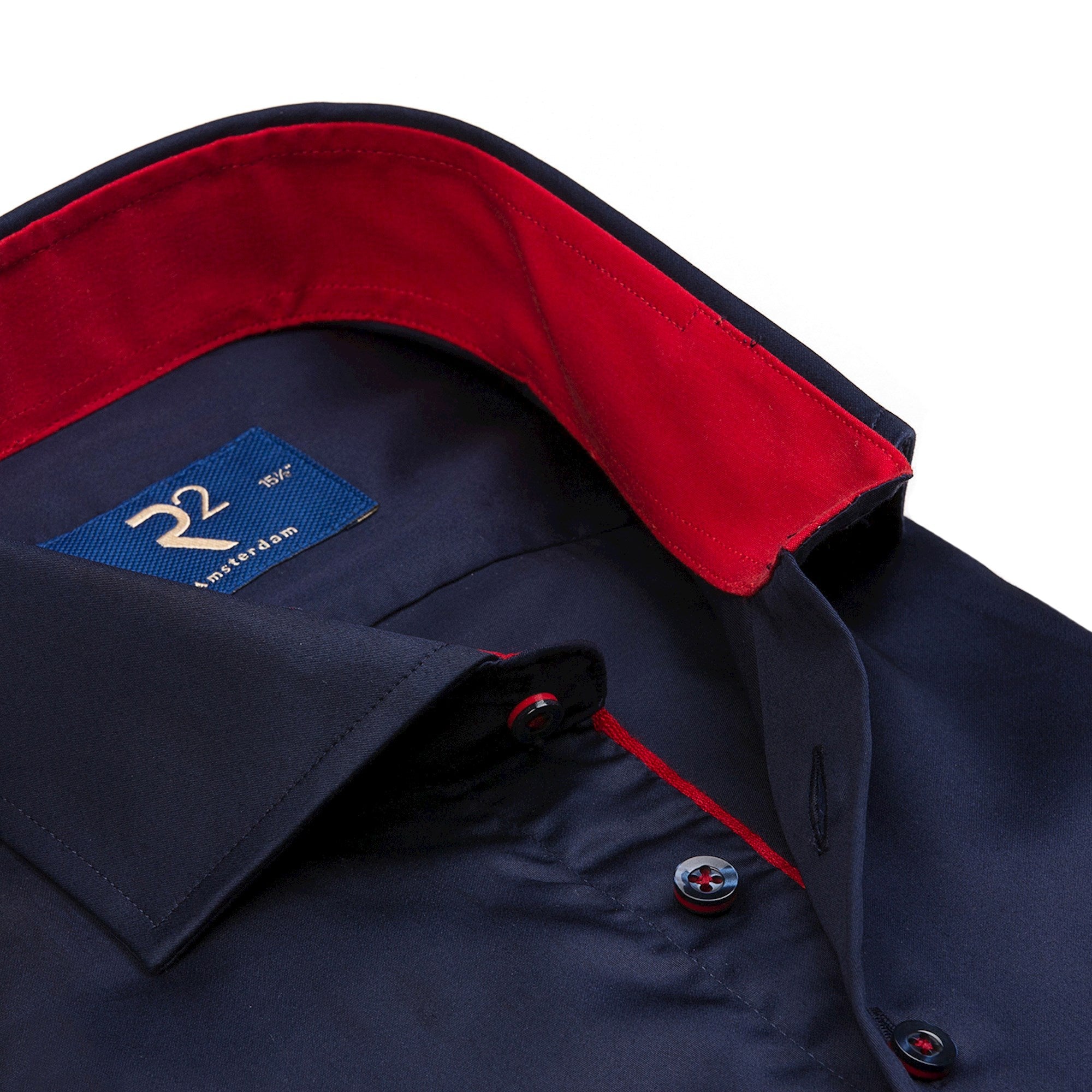Brand Partner,R2 Amsterdam, R2 Amsterdam Navy Satin Long Sleeve Button Up Shirt With Interior Red Collar, Blue, Extra Large-48-Tag43