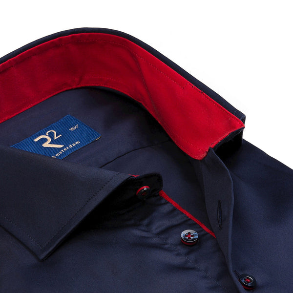R2 Amsterdam Navy Satin Long Sleeve Button Up Shirt With Interior Red Collar