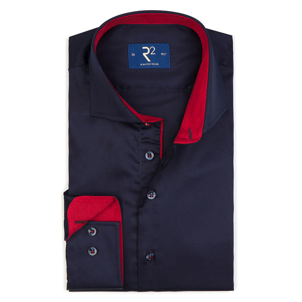 R2 Amsterdam Navy Satin Long Sleeve Button Up Shirt With Interior Red Collar