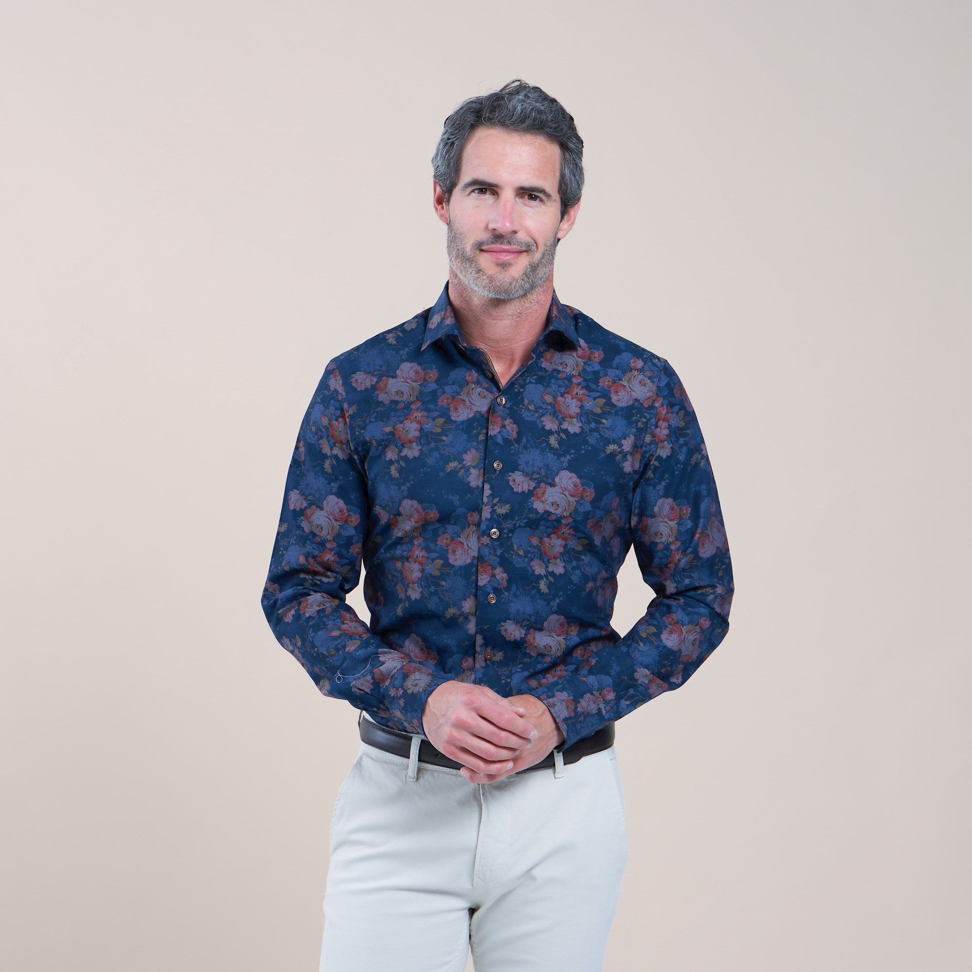 Brand Partner,R2 Amsterdam, R2 Amsterdam Navy With Dark Red Rose Print Long Sleeve Button Up Shirt, Blue, Small-42-Tag39