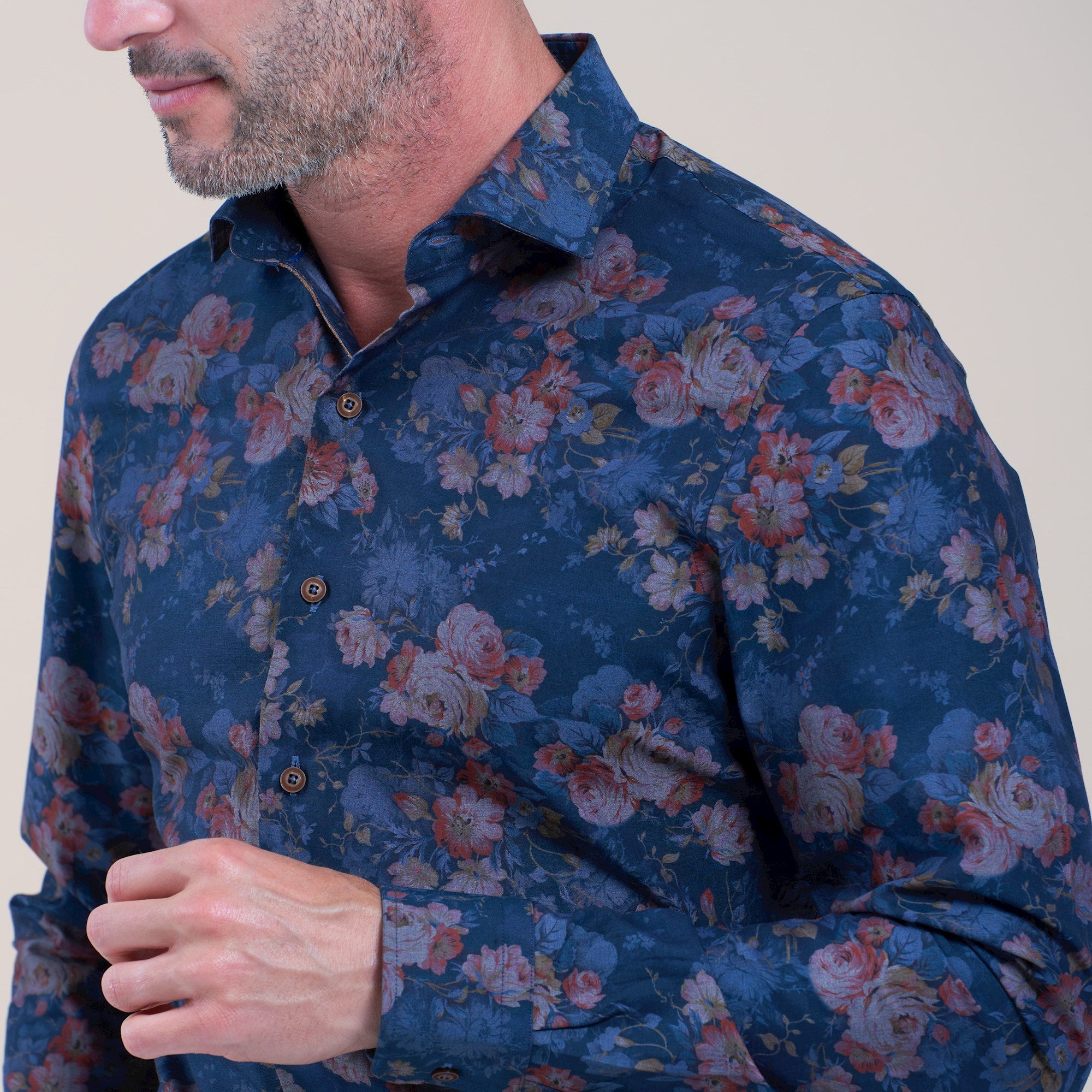 Brand Partner,R2 Amsterdam, R2 Amsterdam Navy With Dark Red Rose Print Long Sleeve Button Up Shirt, Blue, Small-42-TagS