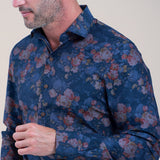 R2 Amsterdam Navy With Dark Red Rose Print Long Sleeve Button Up Shirt