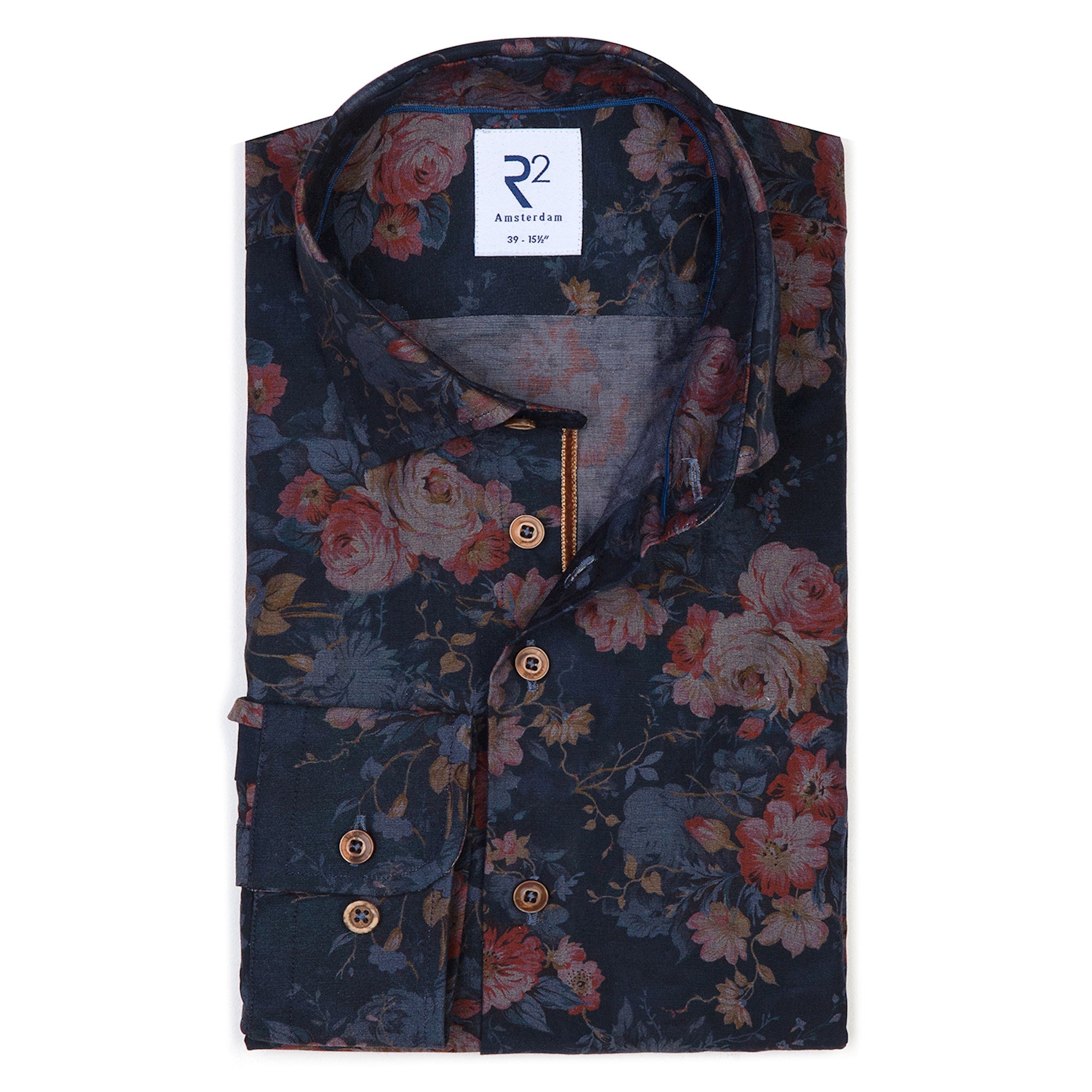 Brand Partner,R2 Amsterdam, R2 Amsterdam Navy With Dark Red Rose Print Long Sleeve Button Up Shirt, Blue, Small-42-TagS