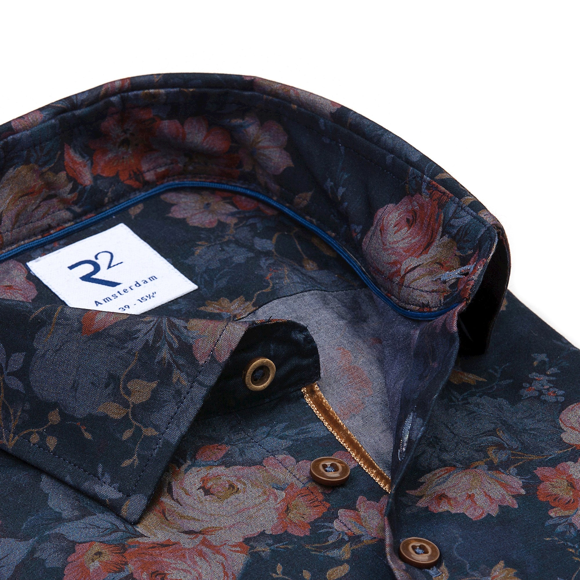 Brand Partner,R2 Amsterdam, R2 Amsterdam Navy With Dark Red Rose Print Long Sleeve Button Up Shirt, Blue, Small-42-Tag39