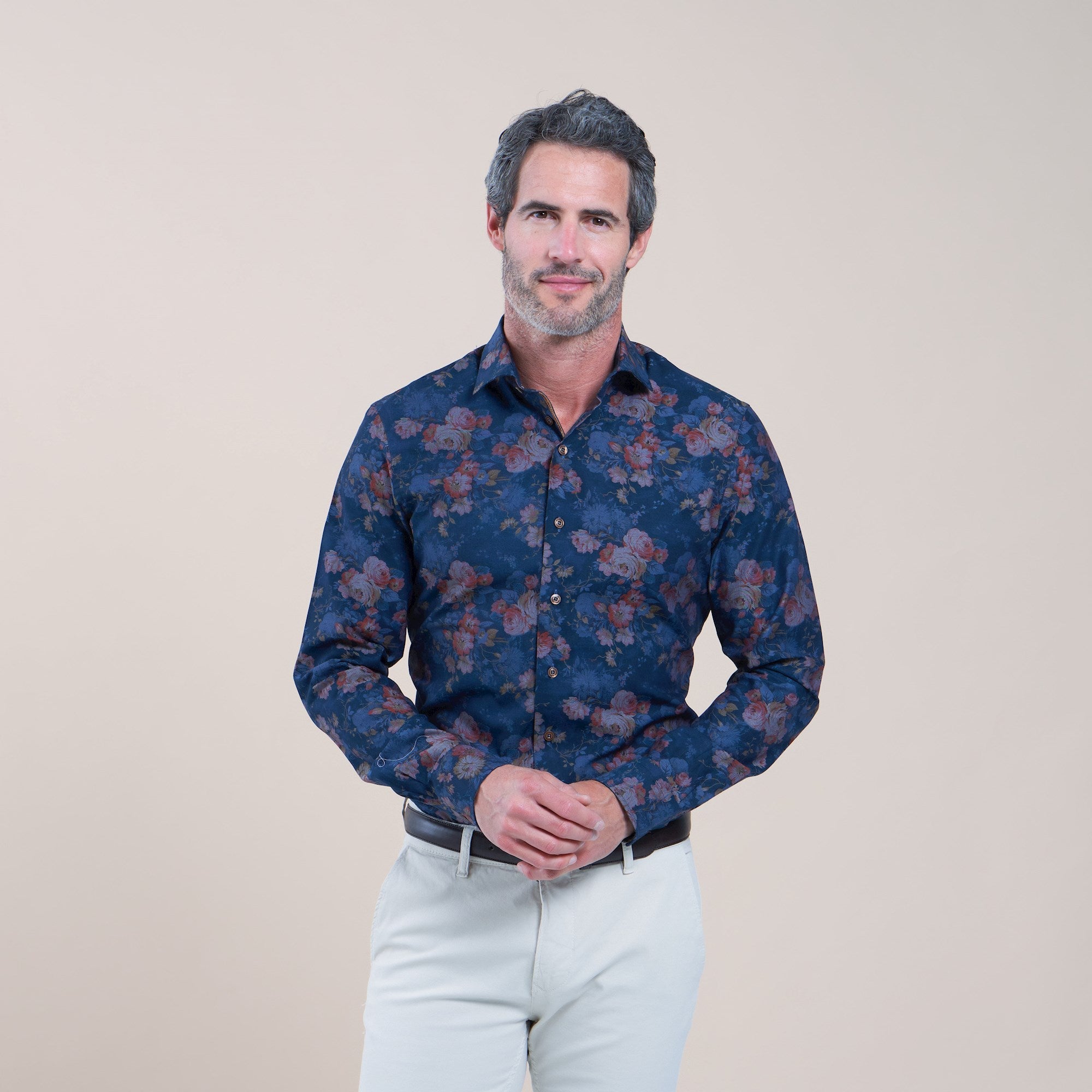Brand Partner,R2 Amsterdam, R2 Amsterdam Navy With Dark Red Rose Print Long Sleeve Button Up Shirt, Blue, Small-42-TagSSmall-42-Tag39