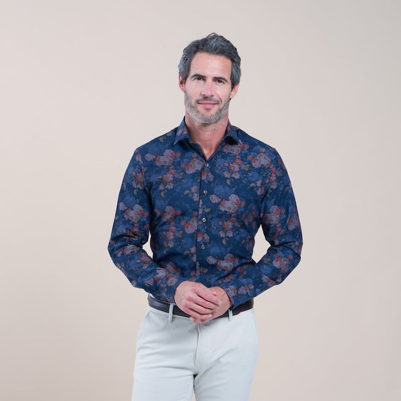 R2 Amsterdam Navy With Dark Red Rose Print Long Sleeve Button Up Shirt