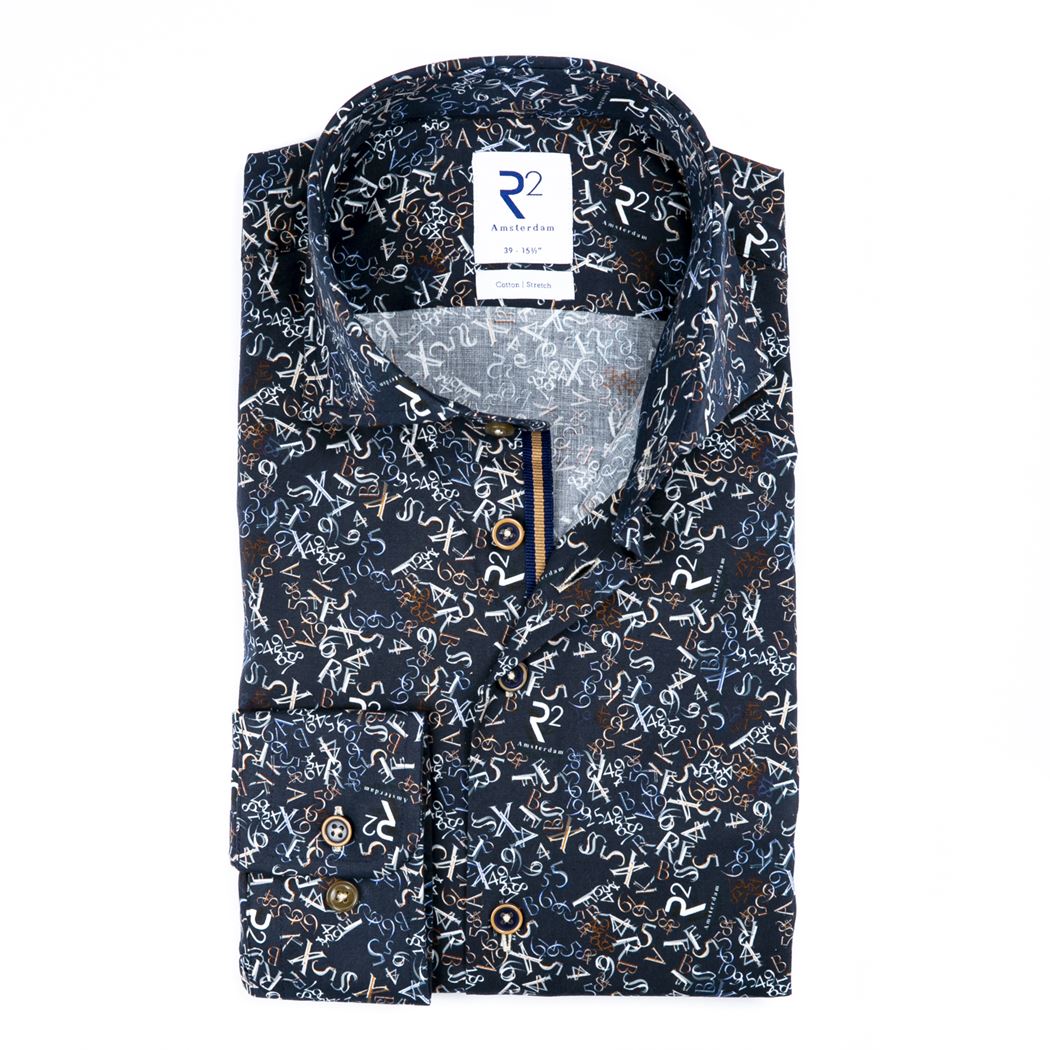Brand Partner,R2 Amsterdam, R2 Amsterdam Navy With Letter And Number Print Long Sleeve Button Up Shirt, Blue, Medium-44-Tag40