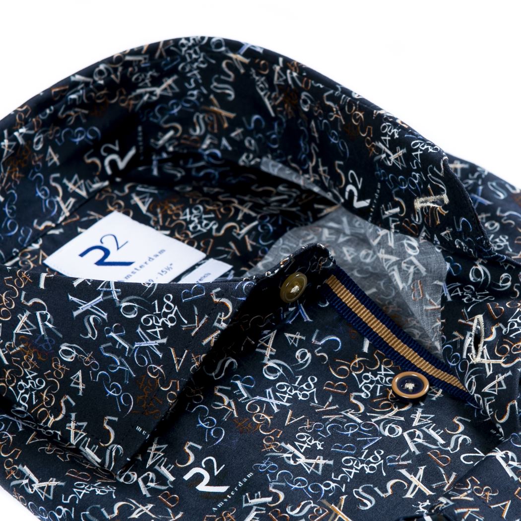 Brand Partner,R2 Amsterdam, R2 Amsterdam Navy With Letter And Number Print Long Sleeve Button Up Shirt, Blue, Medium-44-Tag40