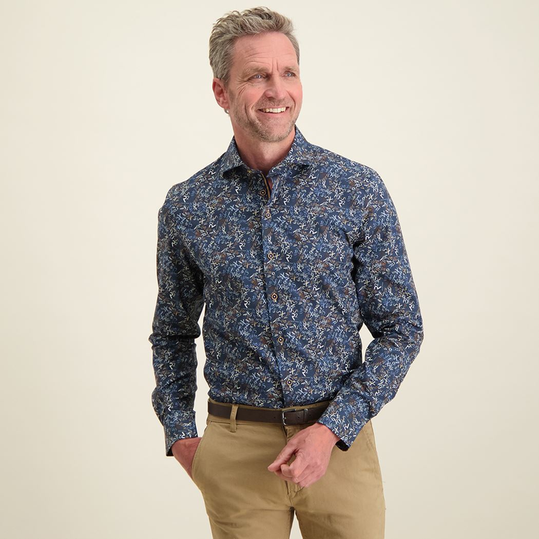 Brand Partner,R2 Amsterdam, R2 Amsterdam Navy With Letter And Number Print Long Sleeve Button Up Shirt, Blue, Large-47-TagL