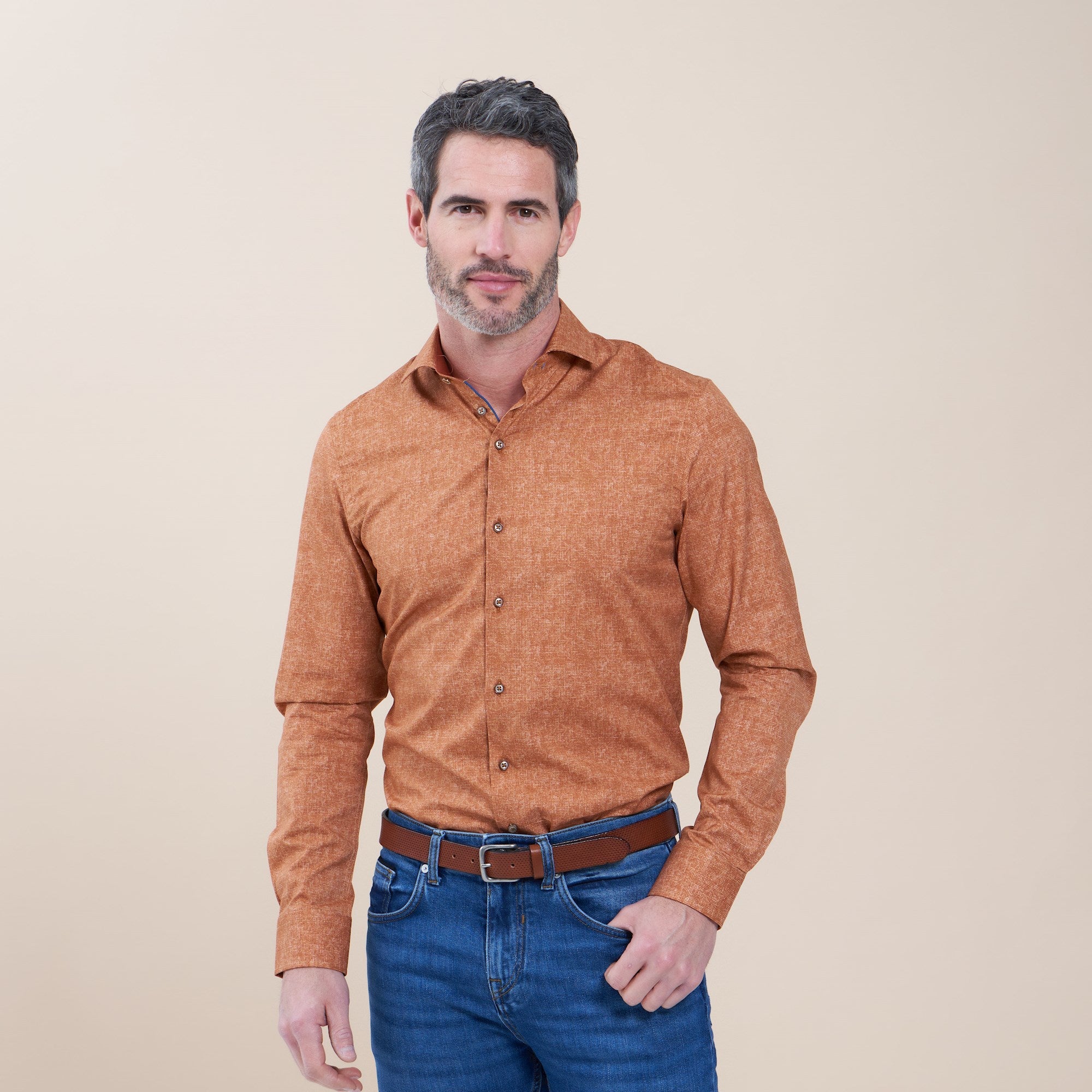 Brand Partner,R2 Amsterdam, R2 Amsterdam Orange Crosshatch Print Long Sleeve Button Up Shirt, Orange, Medium-43-Tag40