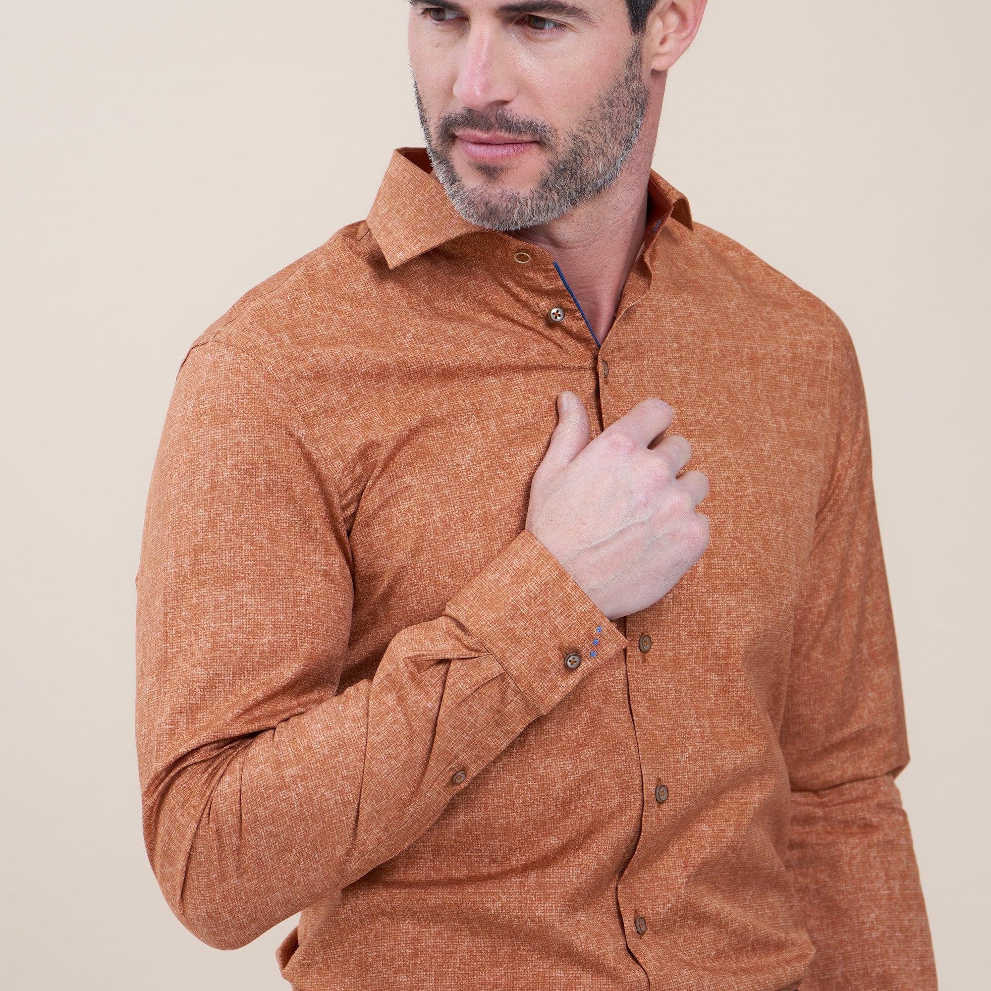 Brand Partner,R2 Amsterdam, R2 Amsterdam Orange Crosshatch Print Long Sleeve Button Up Shirt, Orange, Medium-43-Tag40
