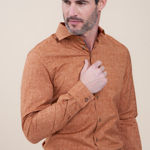 R2 Amsterdam Orange Crosshatch Print Long Sleeve Button Up Shirt