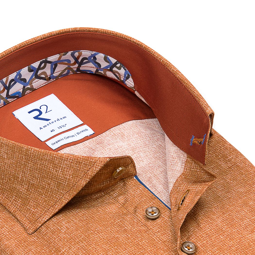 Brand Partner,R2 Amsterdam, R2 Amsterdam Orange Crosshatch Print Long Sleeve Button Up Shirt, Orange, Medium-43-Tag40