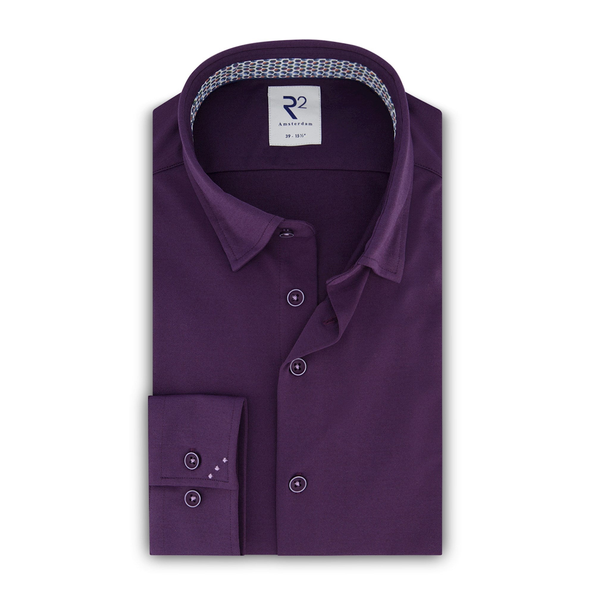 Brand Partner,R2 Amsterdam, R2 Amsterdam Purple Cotton Poly Knit Long Sleeve Button Up Shirt, Purple, Small-41-Tag39Large-46-Tag42Medium-43-TagM