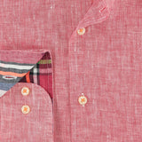 R2 Amsterdam Red Linen Long Sleeve Button Up Shirt With Contrast Collar And Cuff Detail