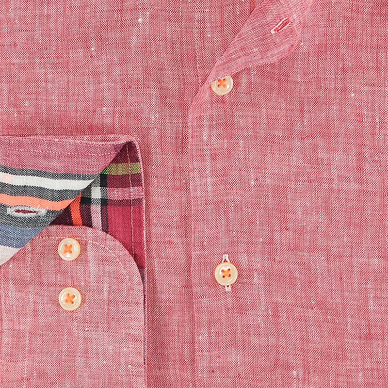 R2 Amsterdam Red Linen Long Sleeve Button Up Shirt With Contrast Collar And Cuff Detail