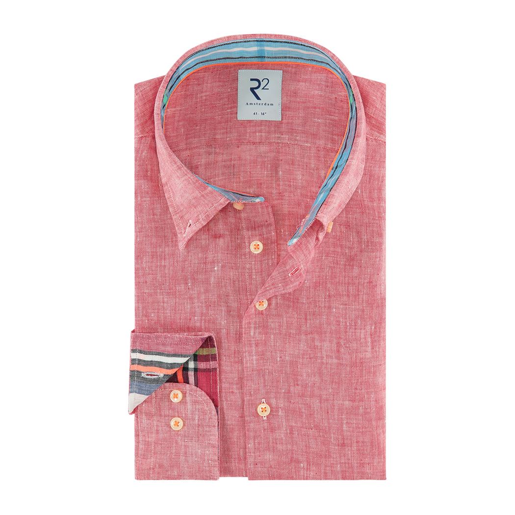 Brand Partner,R2 Amsterdam, R2 Amsterdam Red Linen Long Sleeve Button Up Shirt With Contrast Collar And Cuff Detail, Red, Medium-43-TagMSmall-42-Tag38
