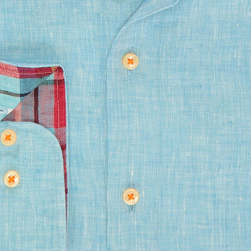 R2 Amsterdam Sky Blue Linen Long Sleeve Button Up Shirt With Contrast Collar And Cuff Detail