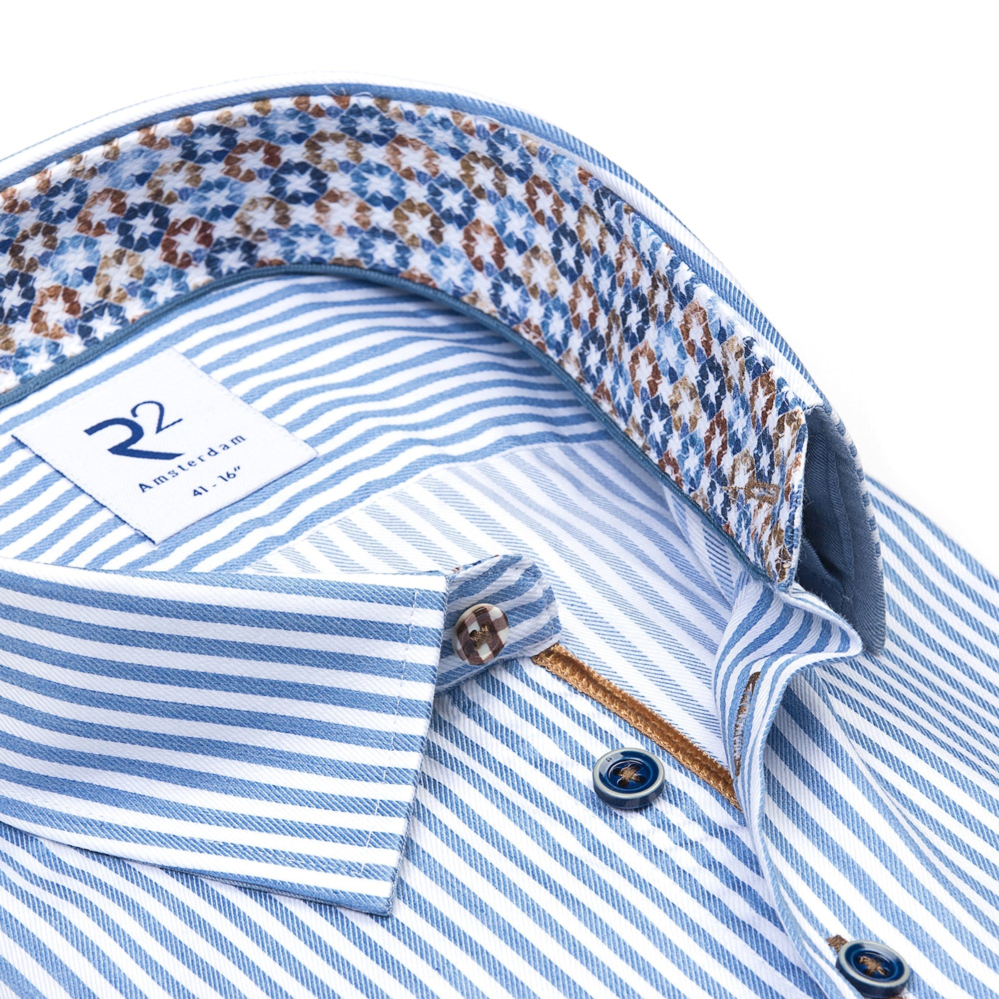 Brand Partner,R2 Amsterdam, R2 Amsterdam White And Blue Vertical Striped Long Sleeve Button Up Shirt With Contrast Collar And Cuff Detail, White, Large-47-TagL