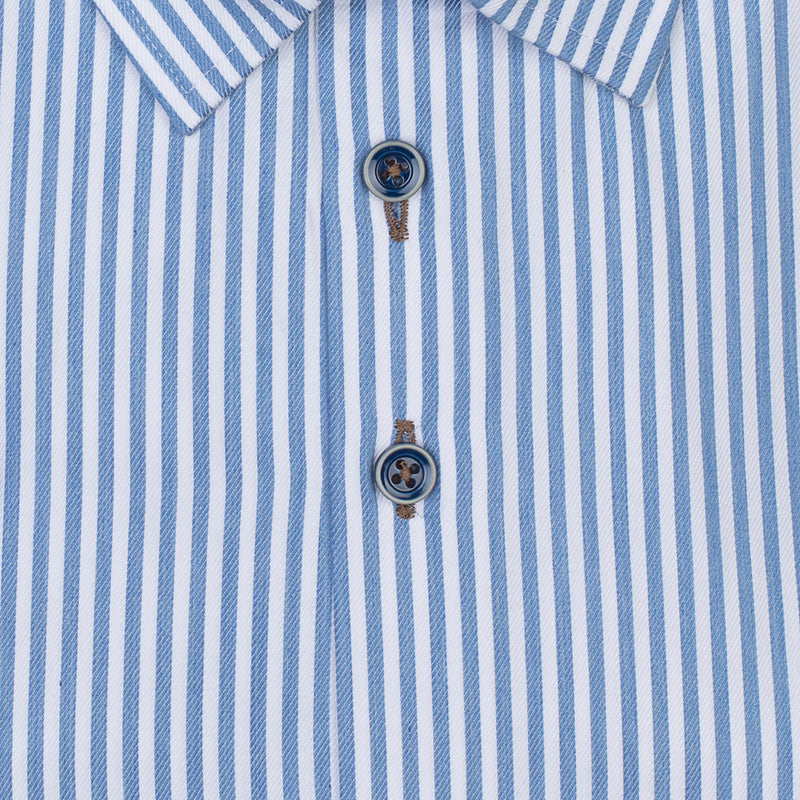 R2 Amsterdam White And Blue Vertical Striped Long Sleeve Button Up Shirt With Contrast Collar And Cuff Detail