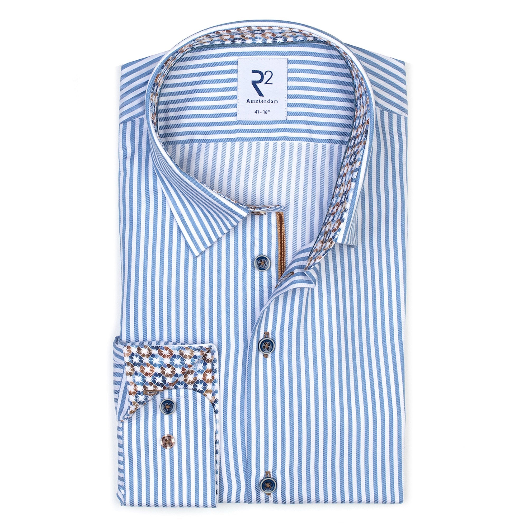 Brand Partner,R2 Amsterdam, R2 Amsterdam White And Blue Vertical Striped Long Sleeve Button Up Shirt With Contrast Collar And Cuff Detail, White, Large-47-TagL