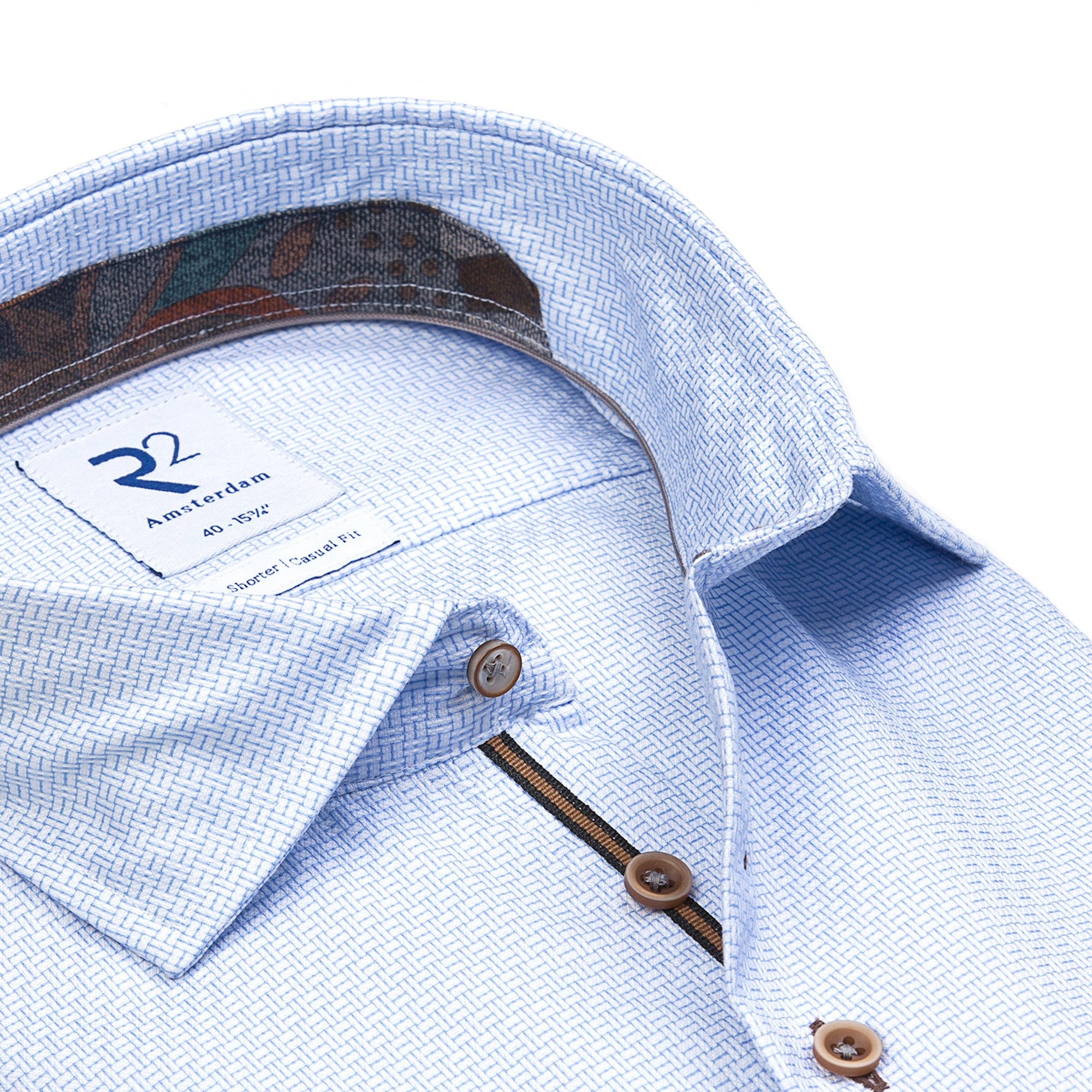 Brand Partner,R2 Amsterdam, R2 Amsterdam White And Light Blue Textured Geometric Print Long Sleeve Button Up Shirt, Blue, Extra Large-50-TagXL