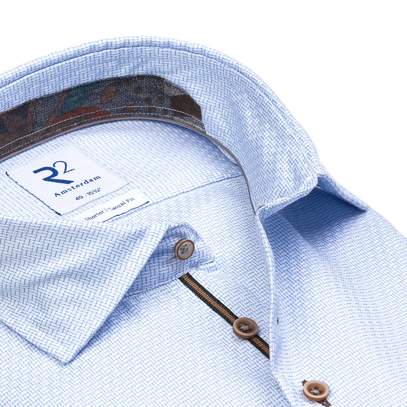 R2 Amsterdam White And Light Blue Textured Geometric Print Long Sleeve Button Up Shirt