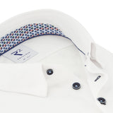 R2 Amsterdam White Cotton Poly Knit Long Sleeve Button Up Shirt With Dot Collar & Cuff Detail