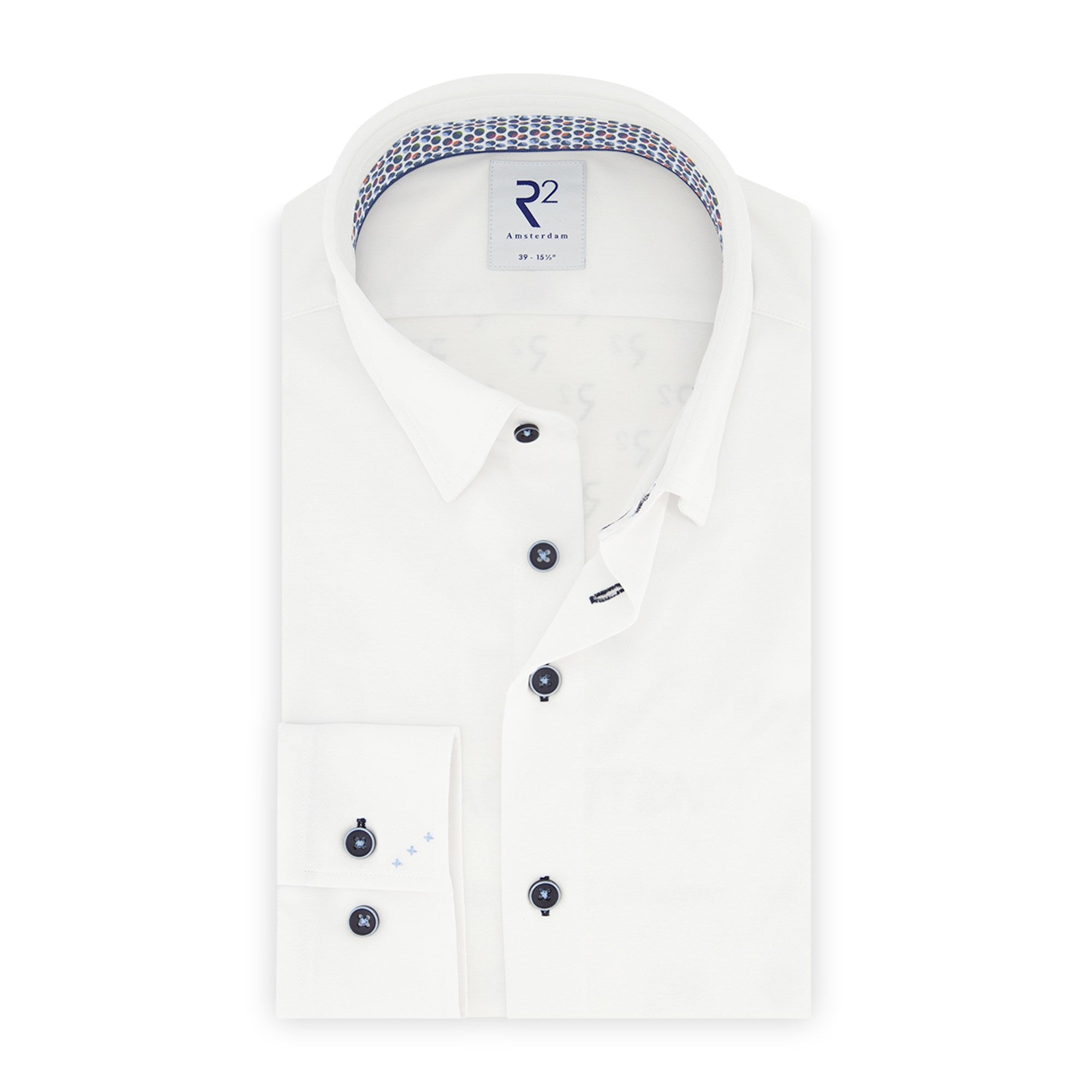 Brand Partner,R2 Amsterdam, R2 Amsterdam White Cotton Poly Knit Long Sleeve Button Up Shirt With Dot Collar & Cuff Detail, White, Extra Large-46-Tag44Small-42-Tag39