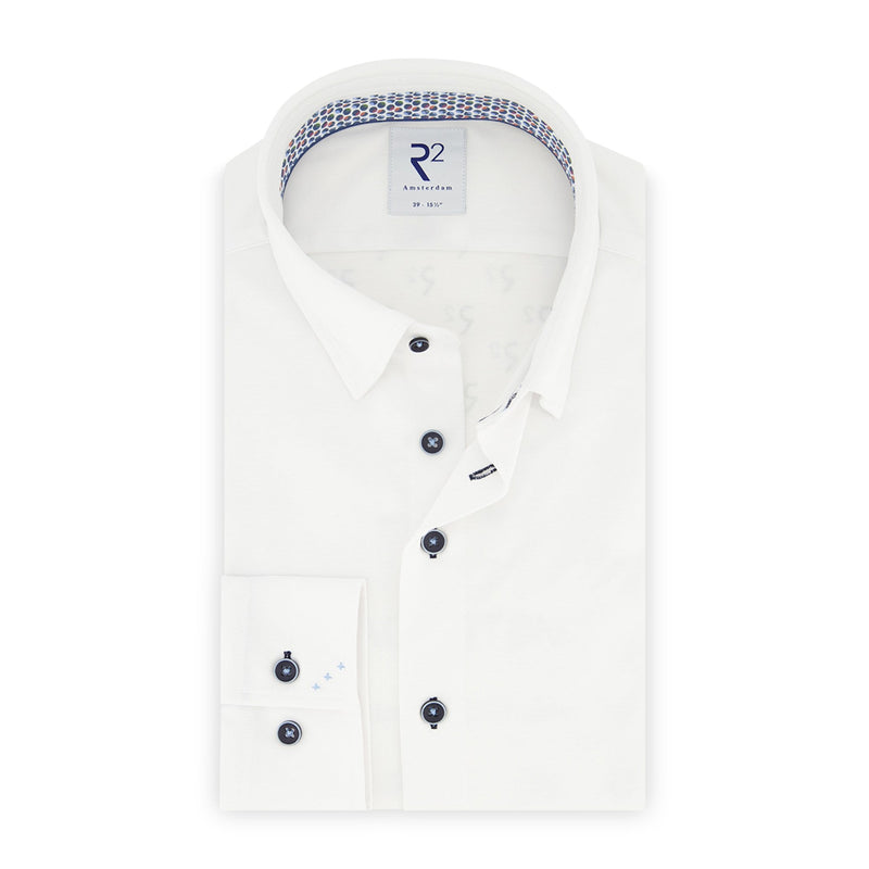 R2 Amsterdam White Cotton Poly Knit Long Sleeve Button Up Shirt With Dot Collar & Cuff Detail