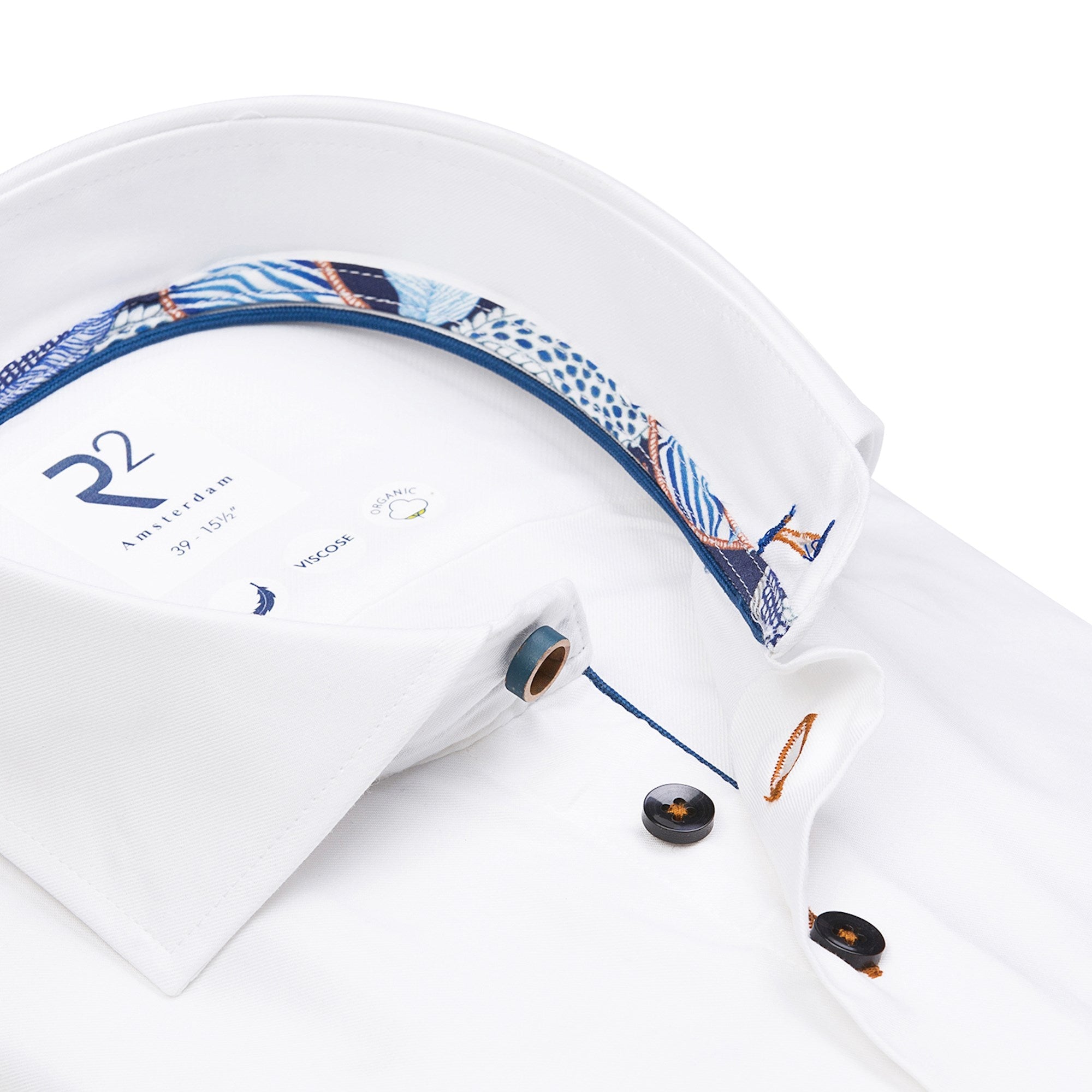 Brand Partner,R2 Amsterdam, R2 Amsterdam White Long Sleeve Button Up Shirt With Abstract Leaf Print Collar And Cuff Detail, White, Extra Large-50-TagXL