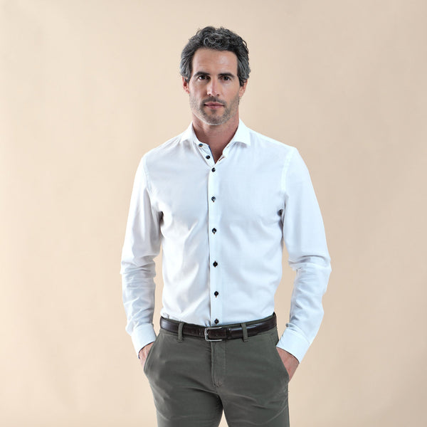 R2 Amsterdam White Long Sleeve Button Up Shirt With Abstract Leaf Print Collar And Cuff Detail