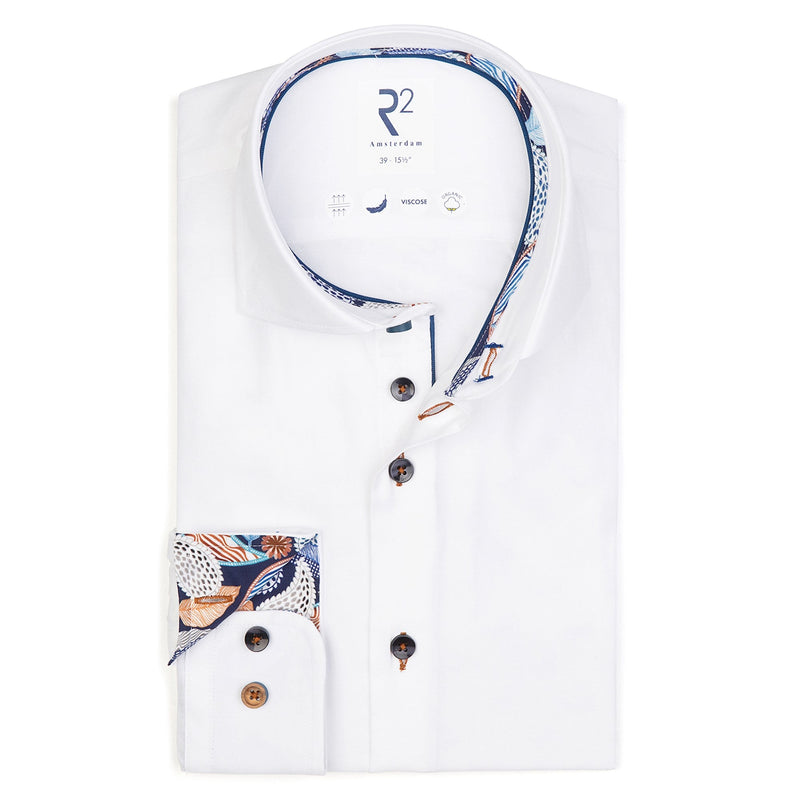 R2 Amsterdam White Long Sleeve Button Up Shirt With Abstract Leaf Print Collar And Cuff Detail