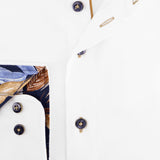 R2 Amsterdam White Long Sleeve Button Up Shirt With Blue Palm Leaf Print Collar And Cuff 