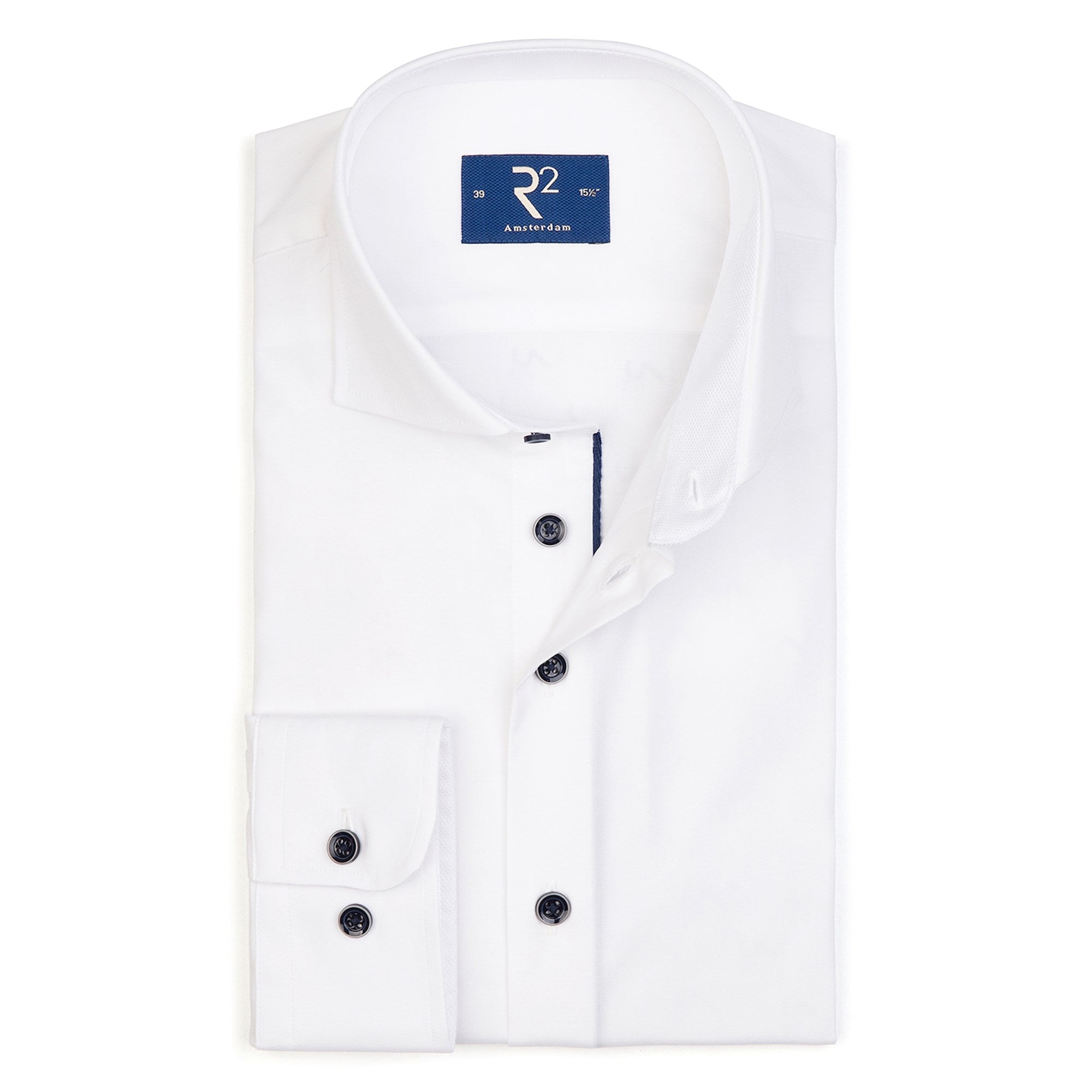 Brand Partner,R2 Amsterdam, R2 Amsterdam White Long Sleeve Button Up Shirt With Navy Contrast Buttons, White, Extra Large-49-TagXL