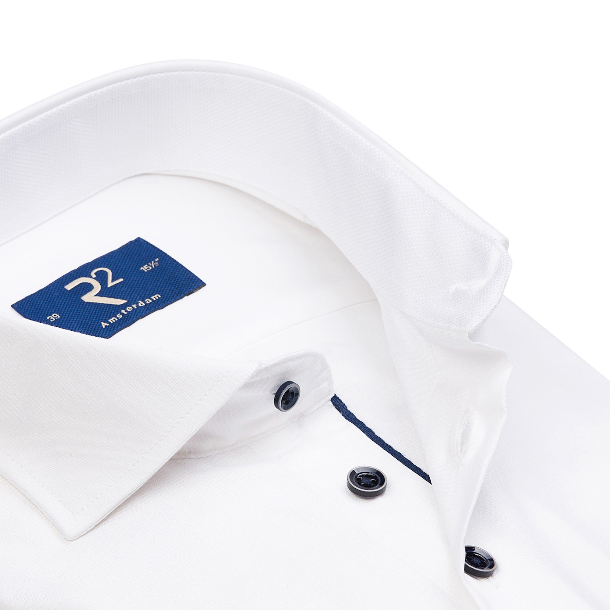 Brand Partner,R2 Amsterdam, R2 Amsterdam White Long Sleeve Button Up Shirt With Navy Contrast Buttons, White, Extra Large-49-TagXL
